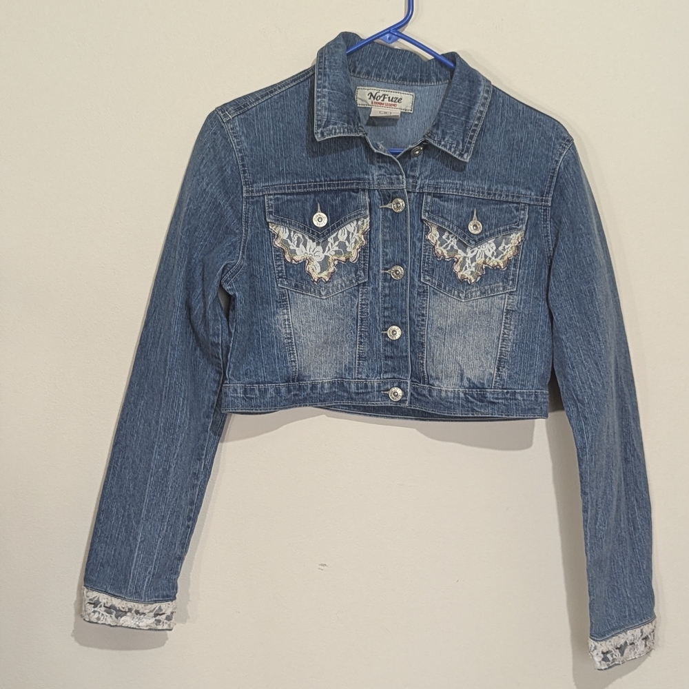 Y2K Cropped Denim Jacket Lace Embroidered Pockets Stretch Jean Jacket Womens Med